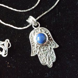 Lapis Stone in Sterling Silver Fatima Hand Pendant
